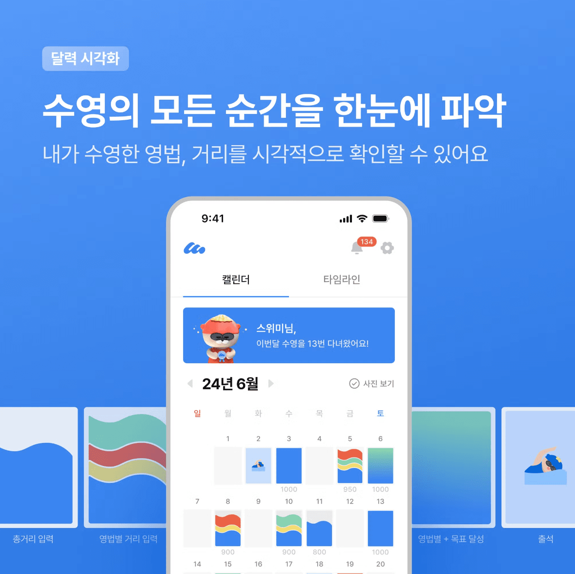 Swimie의 달력 시각화 기능 화면